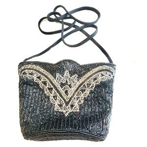 Beaded bag, zipper top satin lining braided strap